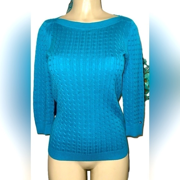 Tommy Hilfiger 100% Prima Cotton Teal Cable Knit Sweater NWOT SP - Picture 1 of 11